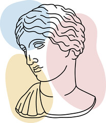 Hand drawn line art of antique Greek girl head. Illustration of classic greek sculpture  with color spots background.