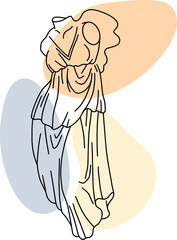 Illustration of antique statue of Winged Victory. Line drawing of ancient greek sculpture with color spots background.