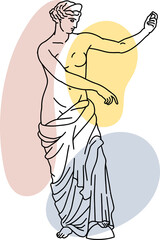 Illustration of antique statue of standing woman. Line drawing of ancient greek sculpture with color spots background.