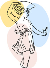 Illustration of antique statue of dancing girl. Line drawing of ancient greek sculpture with color spots background.