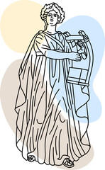 Illustration of Apollo Musagetes. Line drawing of ancient greek sculpture Apollo Citharoedus with color spots background.
