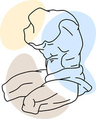Illustration of antique statue of male torso. Line drawing of ancient greek sculpture with color spots background.