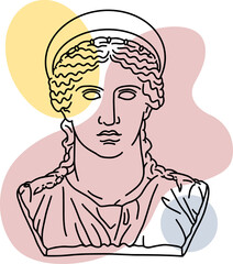 Hand drawn image of ancient Greek goddess Hera head. Illustration of classic greek sculpture in line art style with color spots background.