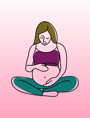 Pregnant woman silhouette, lined illustration, one-line art, motherhood illustration. Prenatal Workout, safe Exercises for Pregnant Women