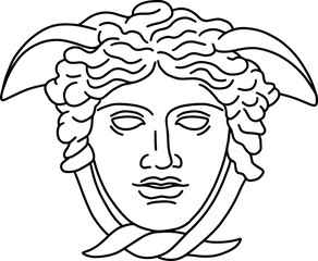 Hand drawn vector of antique Greek Medusa head. Illustration of classic greek sculpture in line art