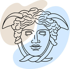 Illustration of classic greek sculpture in line art style with color spots background. Antique Greek Medusa head