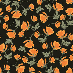 Abstract seamless pattern with   with beautiful flowers similar to poppy, peony in warm colors.  Оrange, black, gray.  Vector illustration. Modern textile, branding, packaging, wallpapers, fabrics