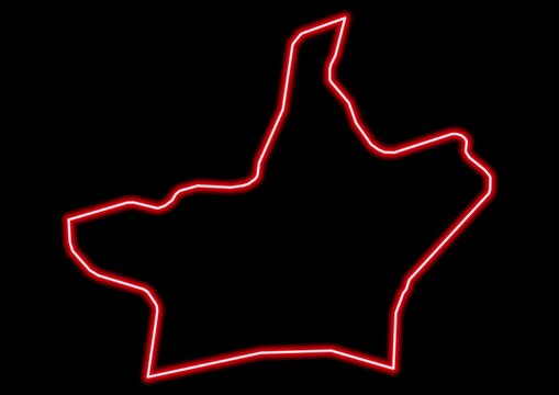 Red glowing neon map of Barking and Dagenham United Kingdom on black background.