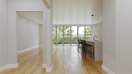  3D visualization of a kitchen with a wooden floor.