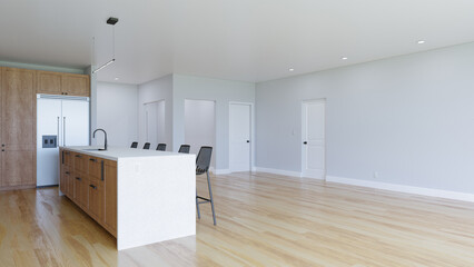  3D visualization of a kitchen with a wooden floor.