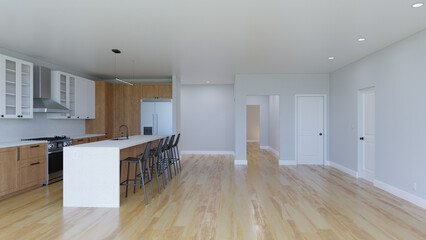  3D visualization of a kitchen with a wooden floor.