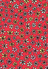 Cute retro flowers seamless repeat pattern. Random placed, vector calico floral all over surface print on red background.