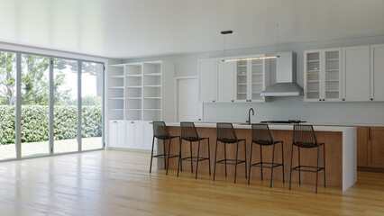  3D visualization of a kitchen with a wooden floor.