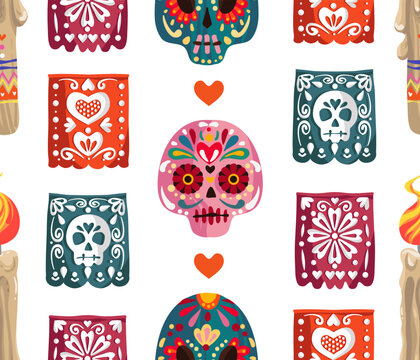 Die de los muertos. The day of the Dead. Mexican holiday. Vector illustration, festival, light background, seamless pattern, handmade