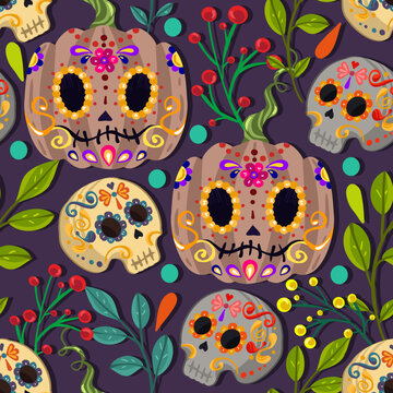 Vector illustration, Die de los muertos. The day of the Dead. Mexican holiday.  festival, dark background, seamless pattern