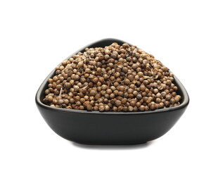 Pile coriander seeds in porcelain bowl isolated on white 