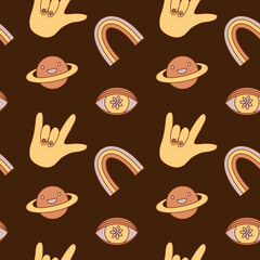 Retro 70s psychedelic seamless patterns, groovy hippie backgrounds. Cartoon funky print with rainbow, eye, planet, hand. Vector illustration.