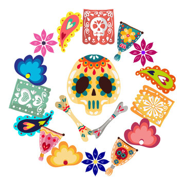 Vector illustration. Die de los muertos. The day of the Dead, Mexican holiday, festival, banner and card, print on t-shirt, handmade