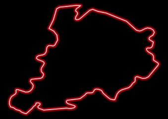 Red glowing neon map of Bologna Italy on black background.