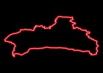 Red glowing neon map of Brest Belarus on black background.