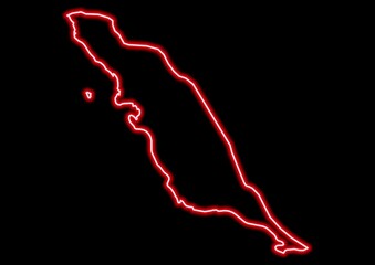 Red glowing neon map of Bushehr Iran on black background.