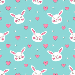 Seamless pattern cute rabbits with hearts on blue background. White happy bunny. Children vector illustration for fabric, textile, wallpaper