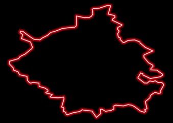 Red glowing neon map of Cambridgeshire United Kingdom on black background.