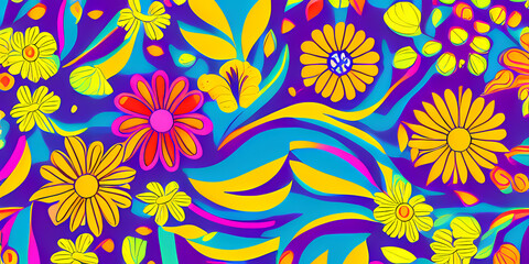 Fototapeta premium Digital illustration with flower and leaves pattern and multicolor nature background