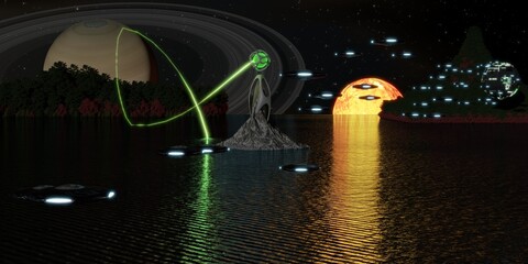 A 3D illustration of an alien planet.
