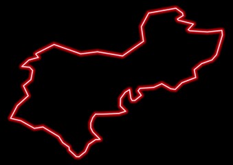 Red glowing neon map of Central Bedfordshire United Kingdom on black background.