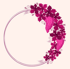 
Wreath pattern from branches of leaves and bunches of grapes in vintage style. Design element for the concept of growing grapes and making wine. Vector illustration in red wine color.