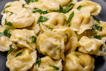 Delicious fresh dumplings with turkey meat, with spices and herbs