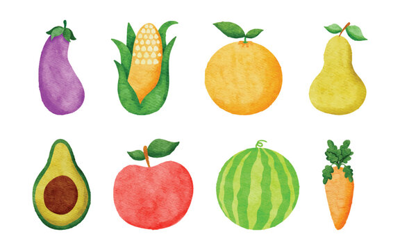 Set of watercolor fruits and vegetables illustration