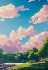 Dramatic clouds in a beautiful rural nature garden. An Illustration in an Anime background animation style.  