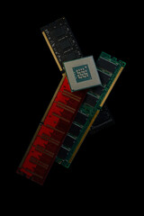 RAM and processor from a computer on a dark background