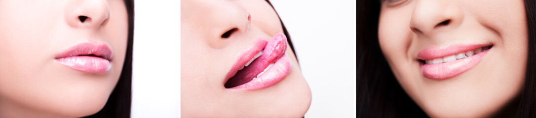 Set of woman's lips with natural pink lipstick makeup. Close up sexy lipgloss make-up