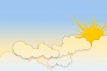 Children's illustration of clouds with a sky of light blue and a big yellow sun with large space for text.