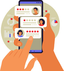 Online reviews concept. Star rating. Feedback concept. Bubble speeches on mobile phone. 