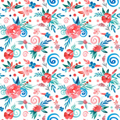 Fototapeta na wymiar Watercolor seamless floral elegant pattern with abstract flowers and leaves. Art for textile and packing.