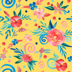 Fototapeta na wymiar Watercolor seamless botanical pattern with abstract elements. Floral art at yellow background with blue and red flowers for textile and packing.