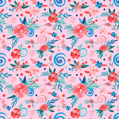 Watercolor beautiful seamless floral pattern at pink background. Spring art with red and blue astract flowers, leaves and doodles for fabric, textile and packing.