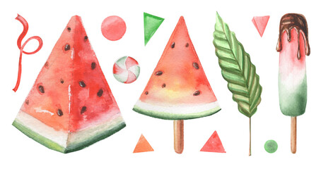Watercolor set of hand-drawn isolated summer illustrations. Watermelon slices, ice-cream, leaves, doodles.