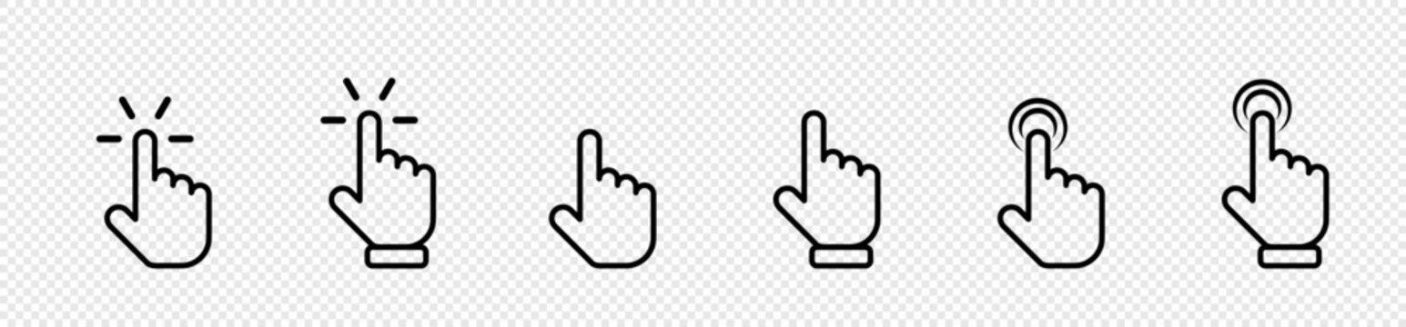 Set of Hand pointer symbol in trendy. Cursor computer mouses, isolated on transparent background.