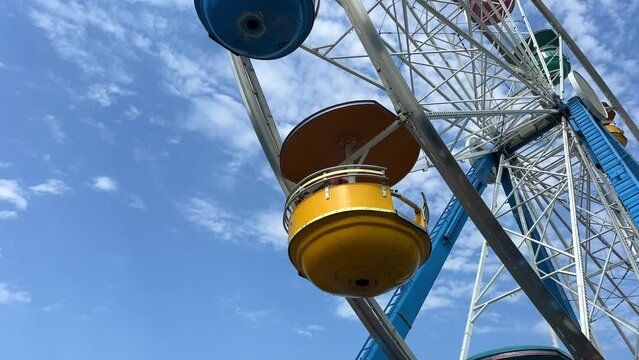 Ferris Wheel at Vancouver Amusement Park British Columbia Canada Against the background of the blue sky on the right side of the ferris wheel there is a place for the text entertainment travel PNE