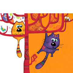cats on the tree, applique of paper, colored pencils, stripe with smooth ornament of waves, decorative insert, orange, brown, purple