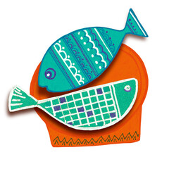 two fish in an orange plate, isolated illustration paper applique