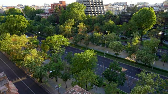 Paseo de la Castellana de Madrid con poco tr&aacute;fico. Espa&ntilde;a.