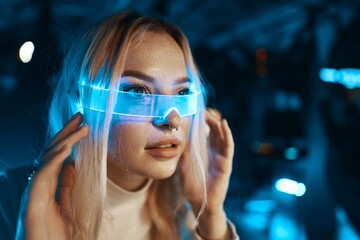 The young woman is all dressed in white and wearing neon glasses. Neon style. Portrait of a blonde...