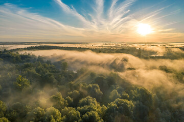 Obraz premium Airview light and shadows in mist. First rays of sun through fog and trees. Morning autumn landscape