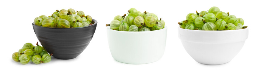 Set with bowls of fresh ripe gooseberries on white background. Banner design